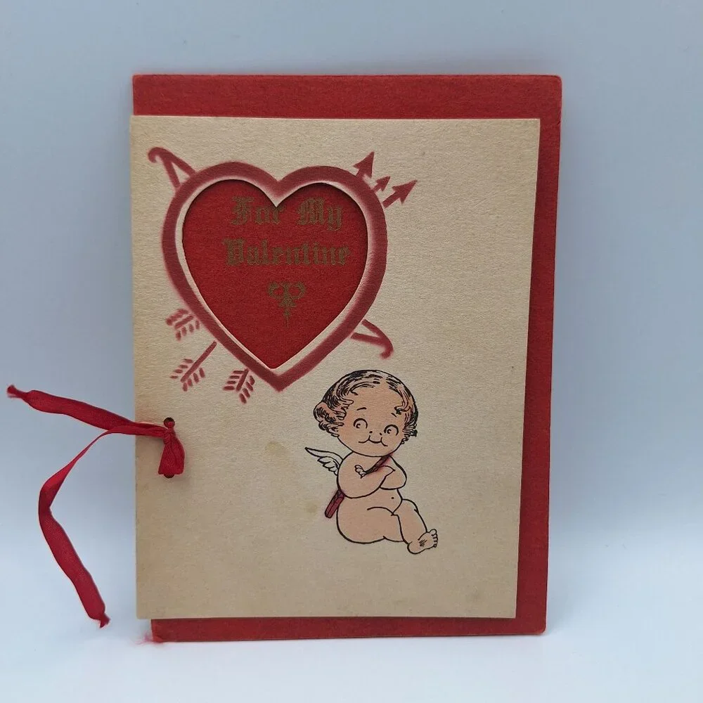 Vintage Valentine Card Cupid Heart Cutout‎ For My Love Poem Red Handmade Layered
